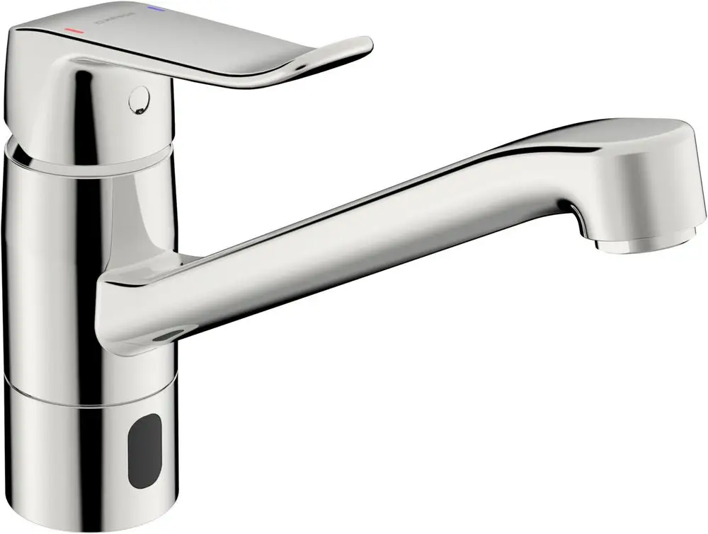 Küchenarmatur von HANSA mit einem schlanken Design und einem langen Auslauf. Der Hebel zur Steuerung der Wassertemperatur befindet sich oben. Oberfläche in Chrom finish.